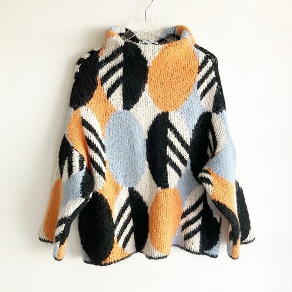 Zara Sweaters - Zara Small Oversized Sweater Bold Abstract Pattern Mock Turtleneck Black Orange